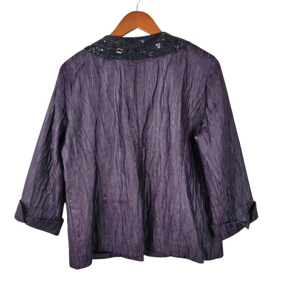 Chicos Size 2 Large Jacket Coat Crinkle Business Beaded Sequin collar Purple - Picture 3 of 4
